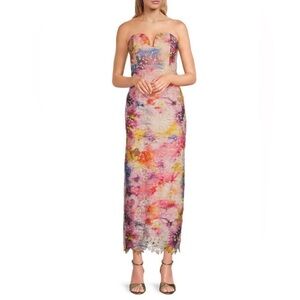 Badgley Mischka Sz 2 Stella Strapless Floral Lace Midi Dress Multicolor $229 NWT
